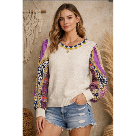 Fate Sweaters - Fate Boho Patchwork Sleeve Knit Sweater S Indie Artsy Cottagecore  Patchwork